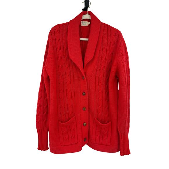 Sears Sweaters - Vintage Sears Womens Cardigan Sweater Red Worsted Wool Cable Knit Fisherman